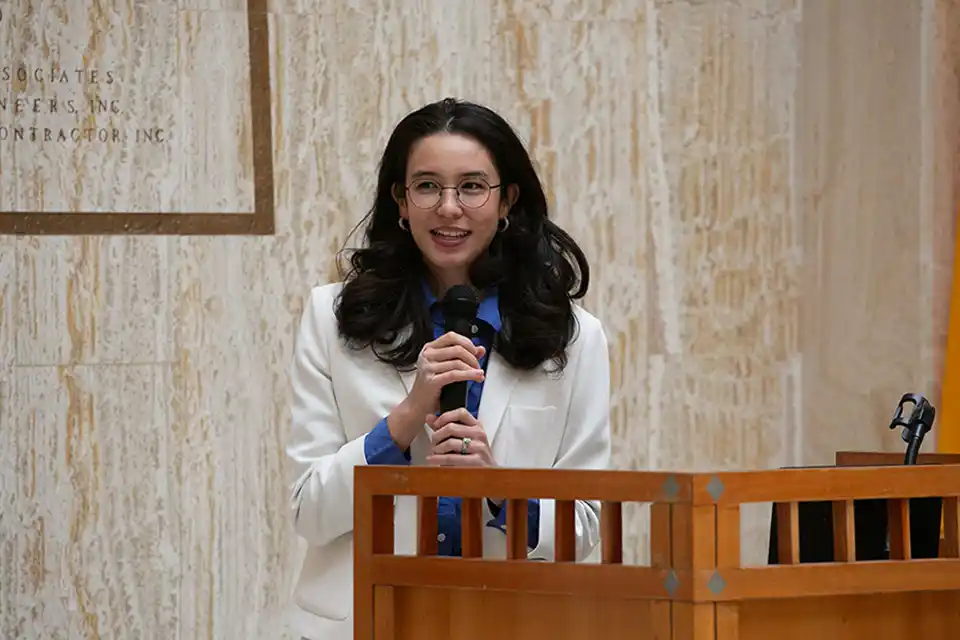 Representative Cristina Parajón, D-25, co-sponsor of SB 38, speaks to the crowd attending the 2026 Animal Protection Lobby Day